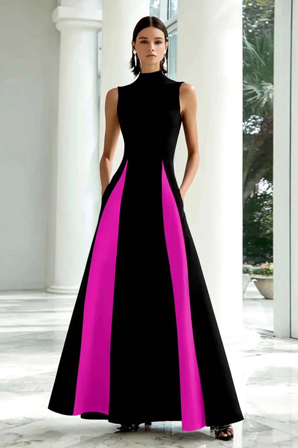 Dressystars Plus Size Black And White A-Line High Neck Long Satin Prom Dress