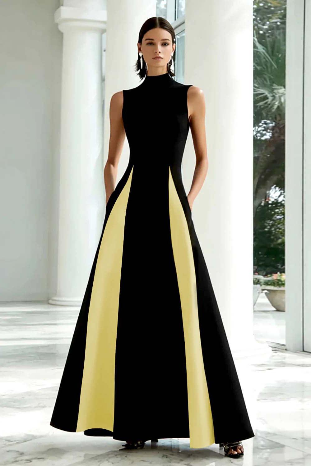 Dressystars Plus Size Black And White A-Line High Neck Long Satin Prom Dress