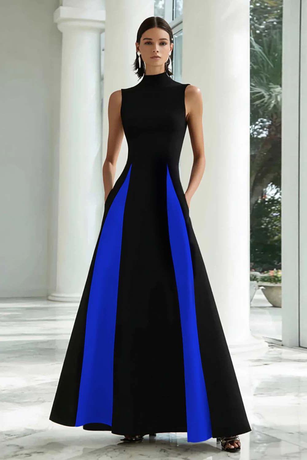 Dressystars Plus Size Black And White A-Line High Neck Long Satin Prom Dress