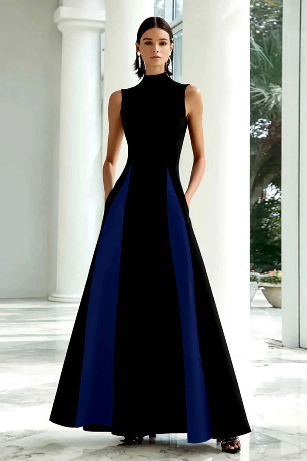 Dressystars Plus Size Black And White A-Line High Neck Long Satin Prom Dress