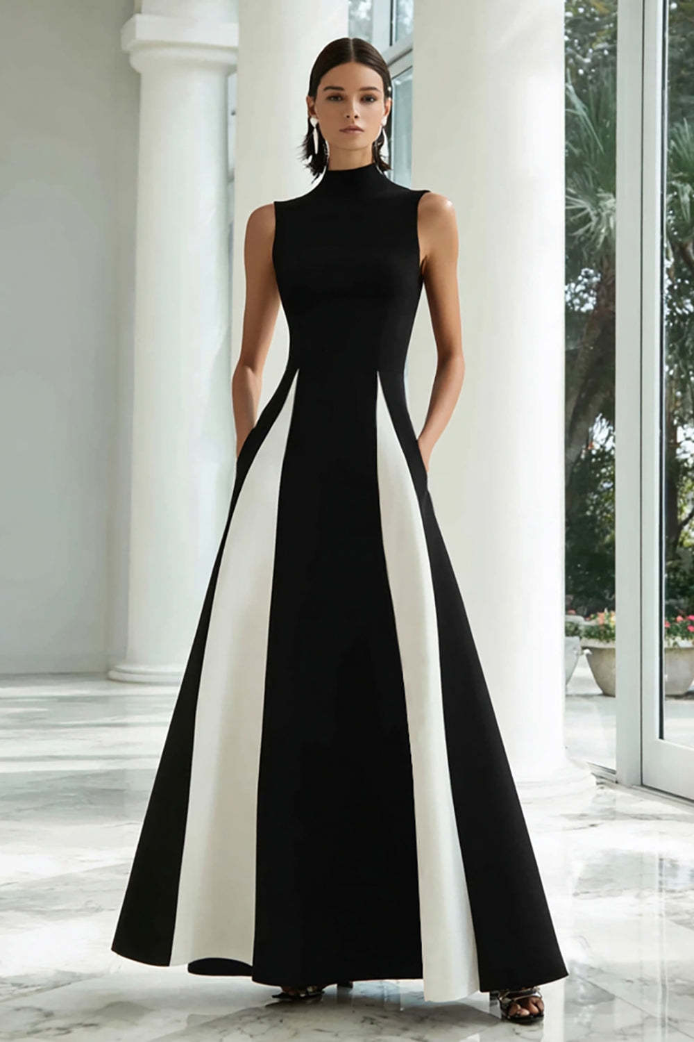 Dressystars Plus Size Black And White A-Line High Neck Long Satin Prom Dress