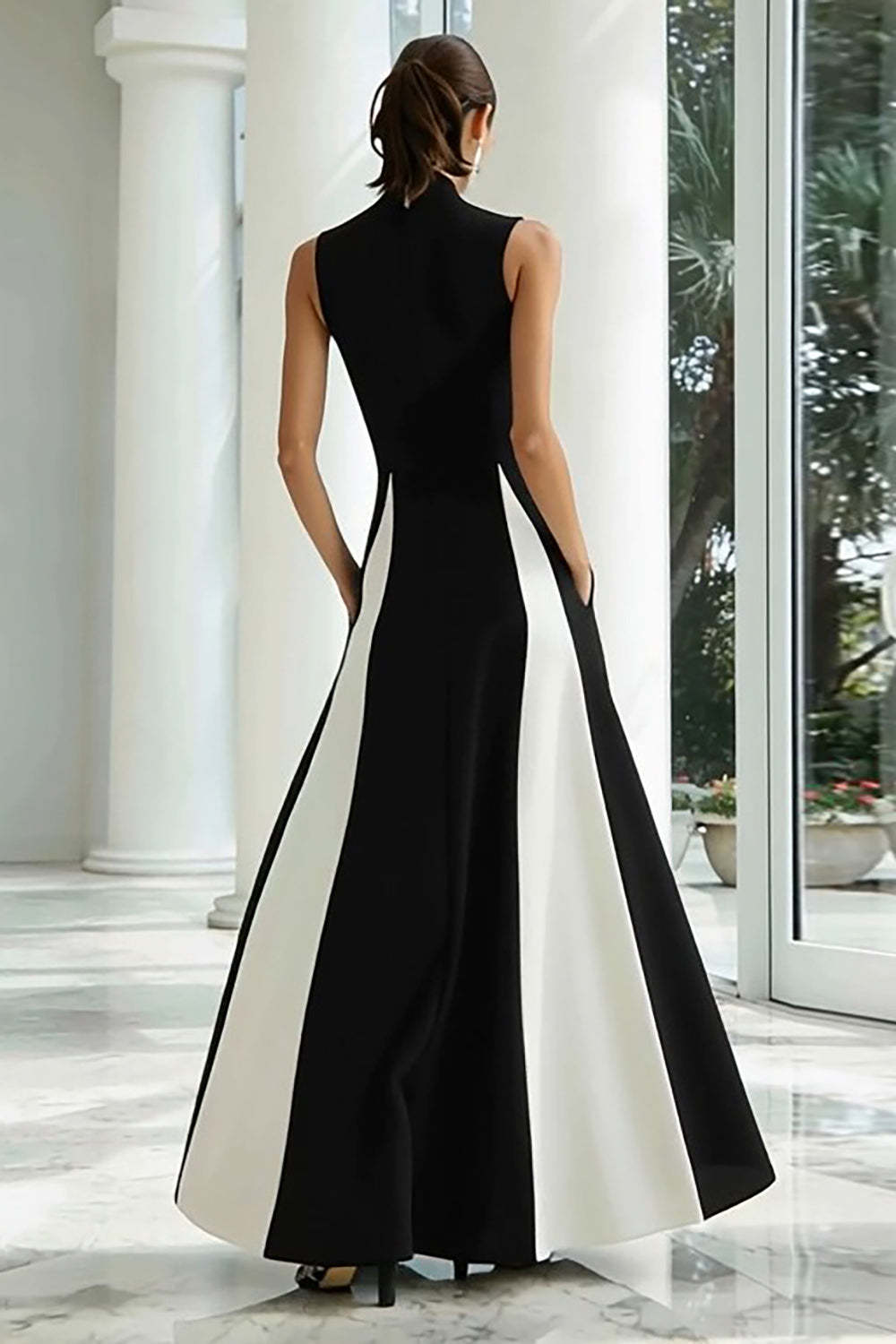 Dressystars Plus Size Black And White A-Line High Neck Long Satin Prom Dress
