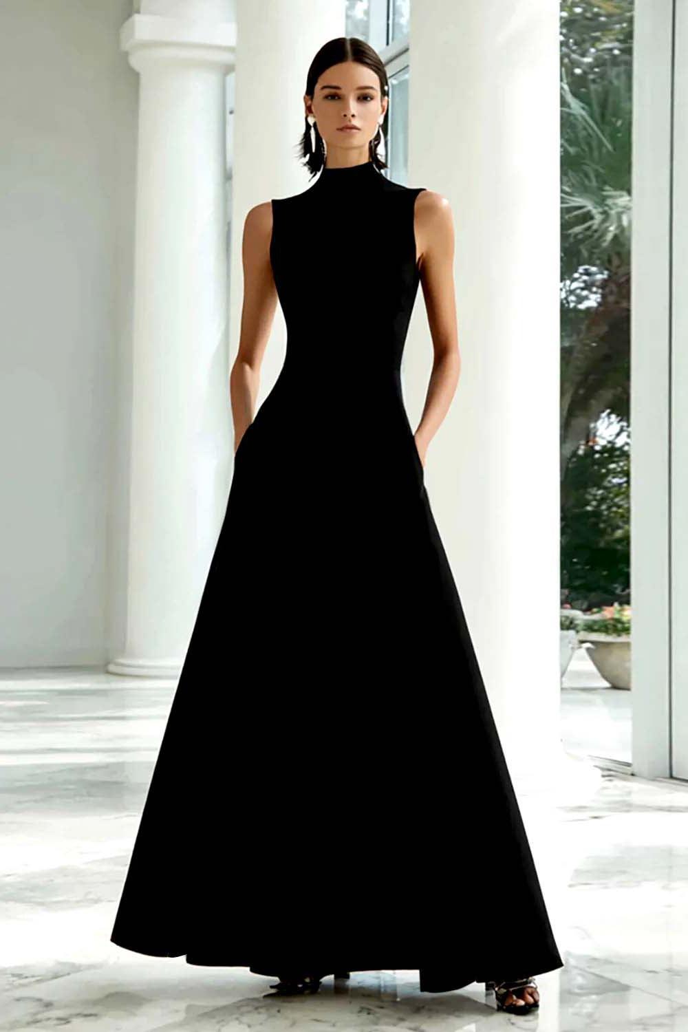 Dressystars Plus Size Black And White A-Line High Neck Long Satin Prom Dress