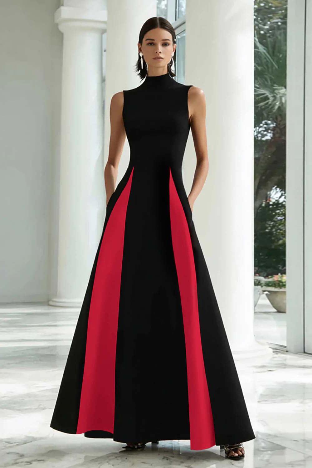Dressystars Plus Size Black And White A-Line High Neck Long Satin Prom Dress
