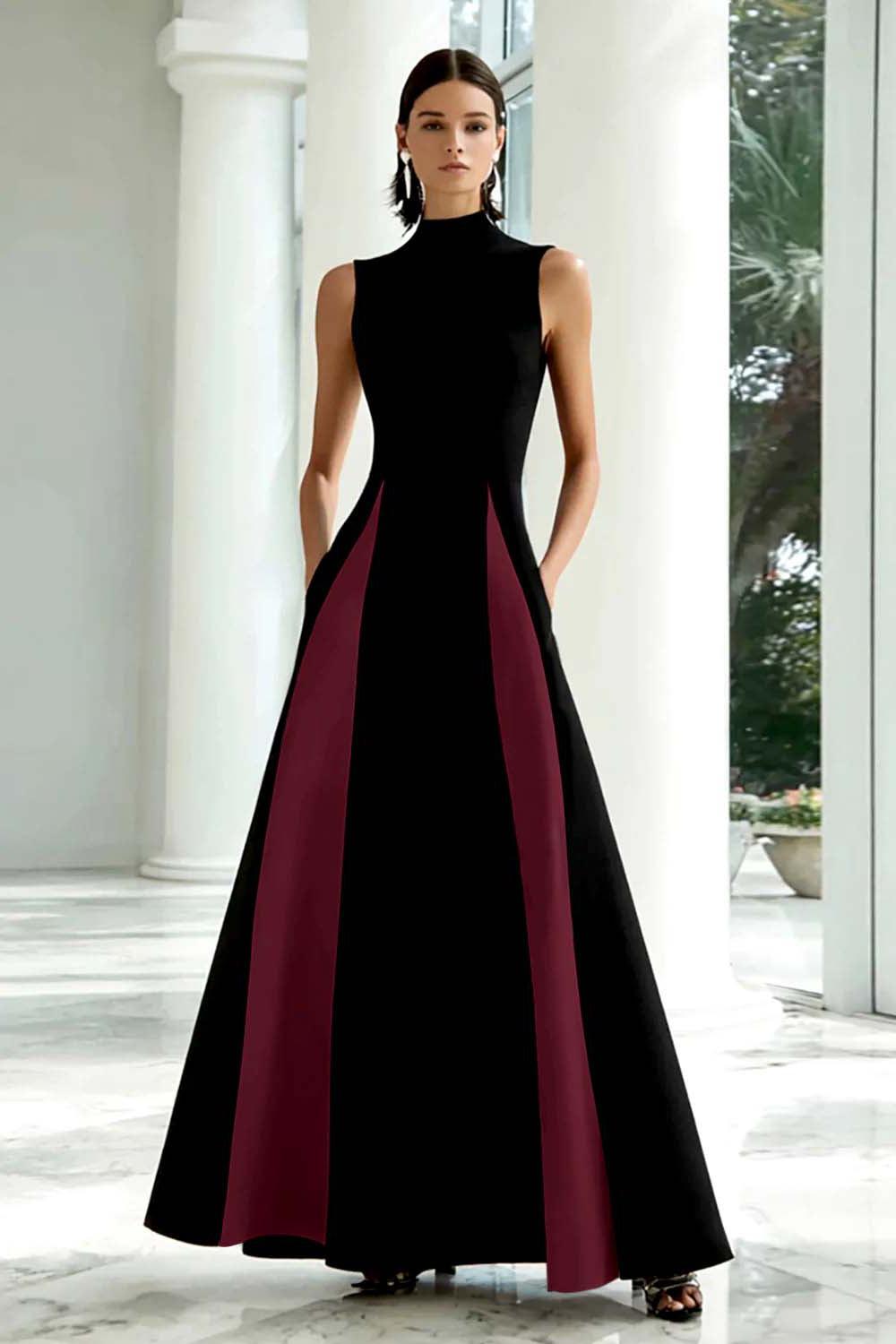 Dressystars Plus Size Black And White A-Line High Neck Long Satin Prom Dress