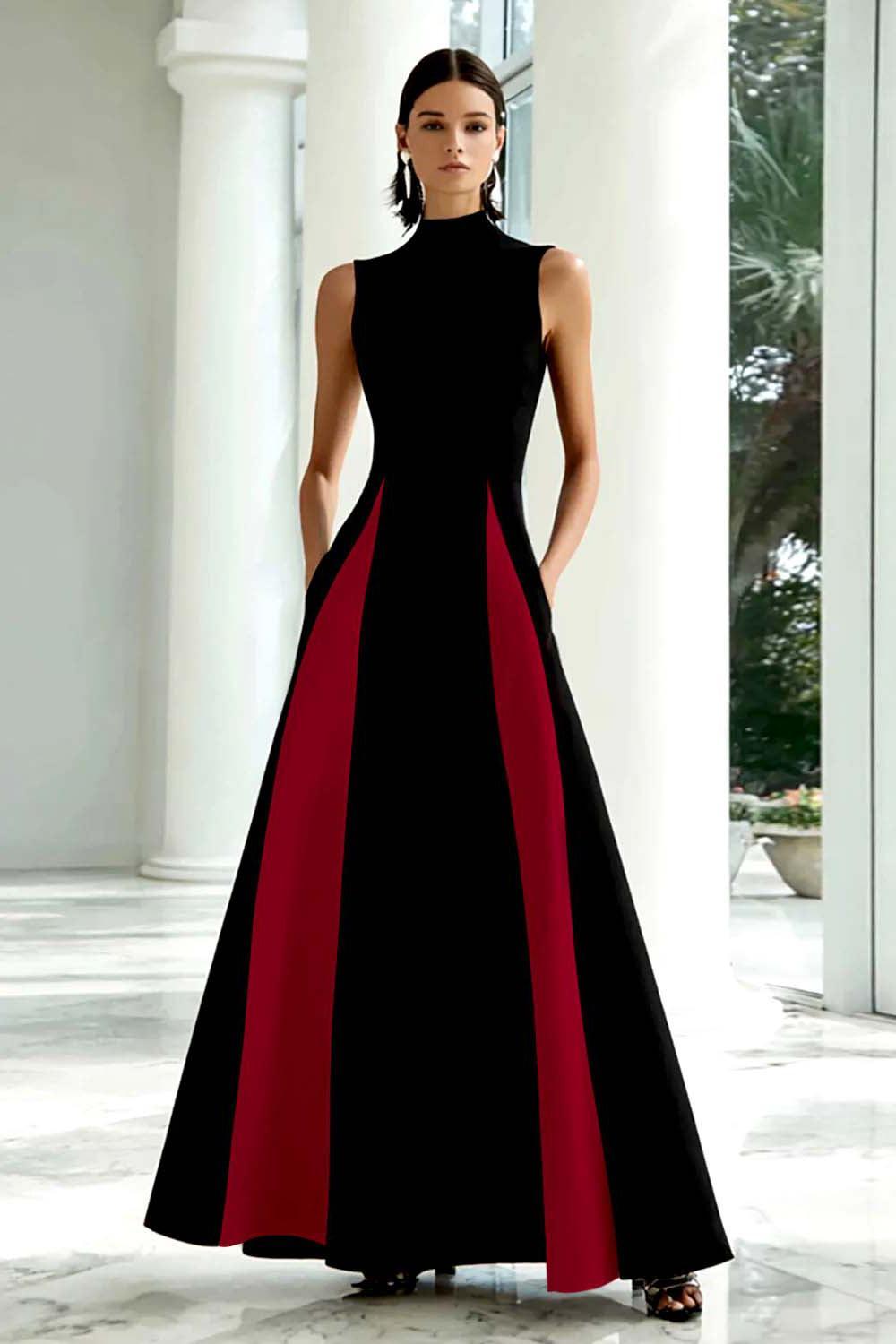 Dressystars Plus Size Black And White A-Line High Neck Long Satin Prom Dress