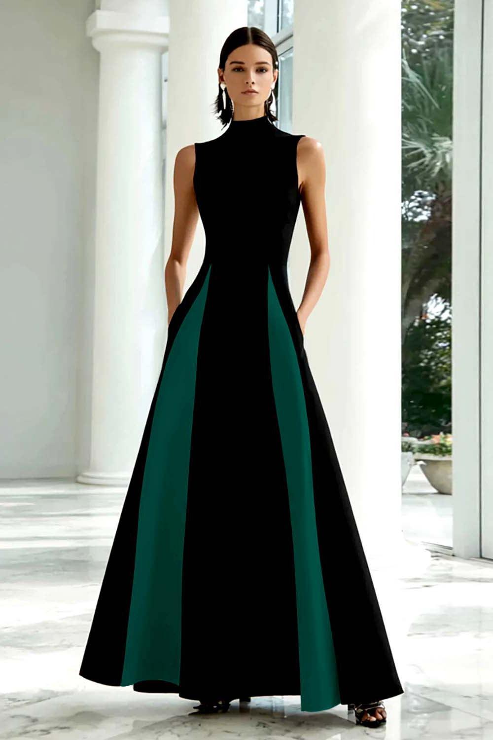 Dressystars Plus Size Black And White A-Line High Neck Long Satin Prom Dress