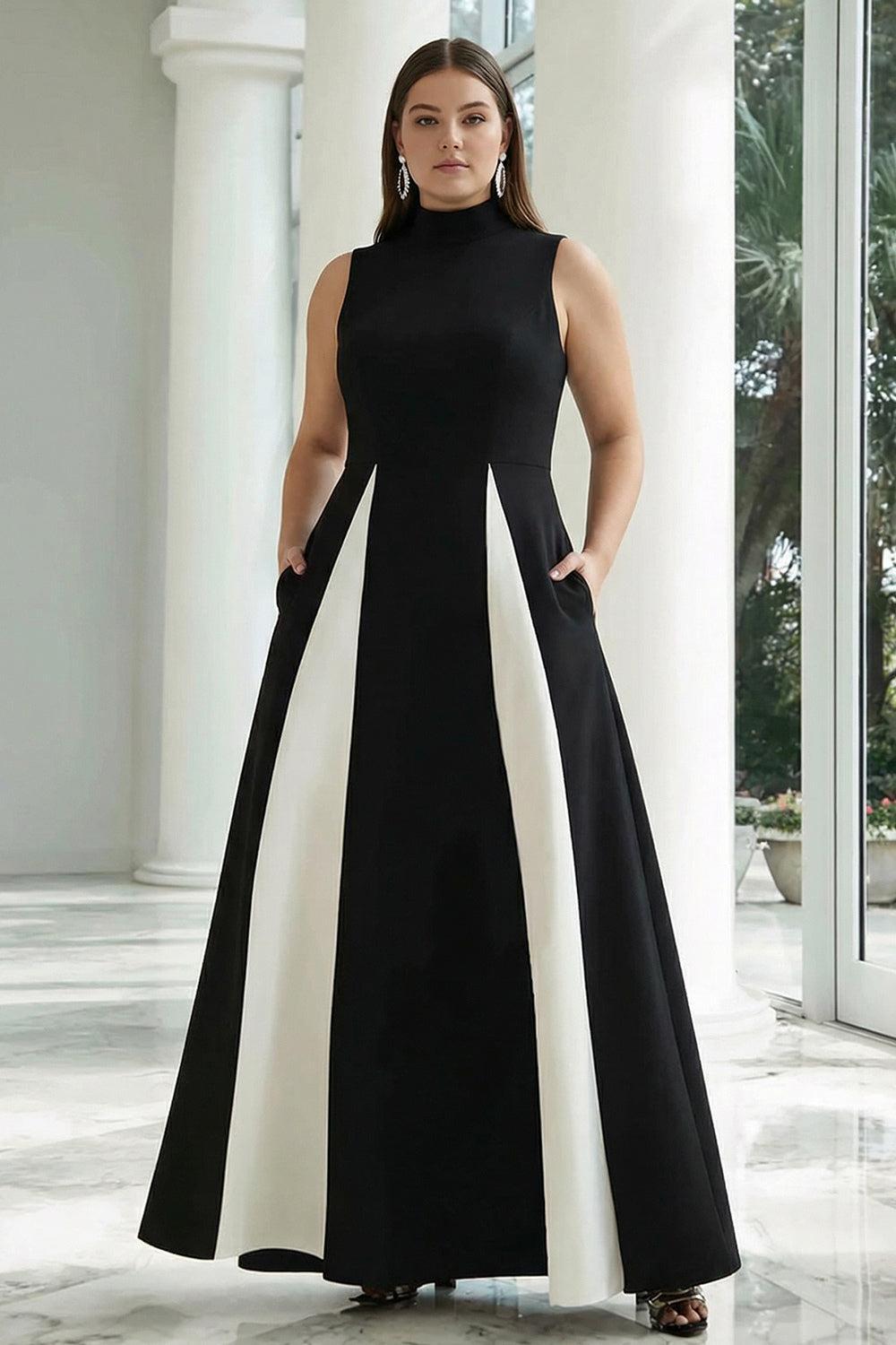 Dressystars Plus Size Black And White A-Line High Neck Long Satin Prom Dress