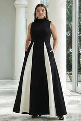 Dressystars Plus Size Black And White A-Line High Neck Long Satin Prom Dress