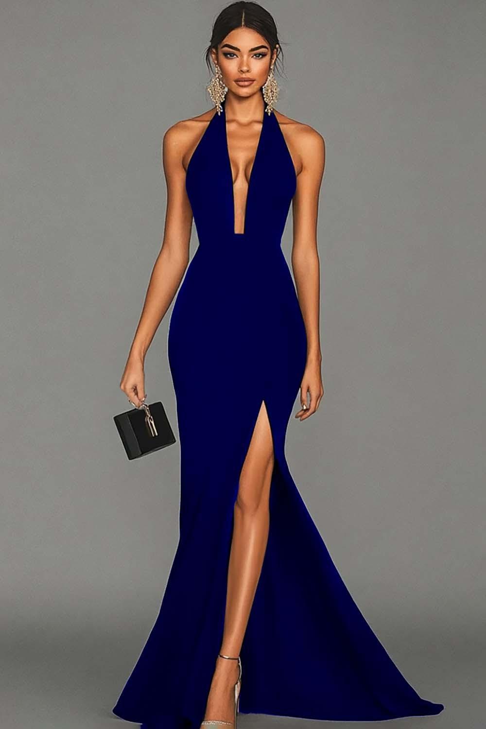 Dressystars Plus Size Black Mermaid Halter Long Prom Dress With Slit