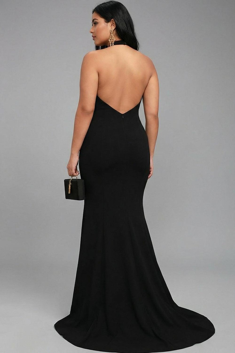 Dressystars Plus Size Black Mermaid Halter Long Prom Dress With Slit