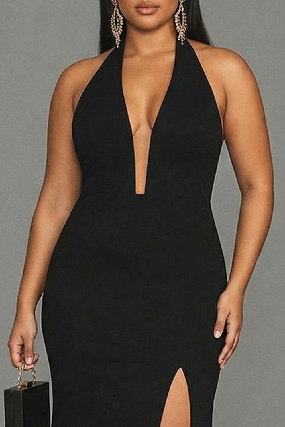 Dressystars Plus Size Black Mermaid Halter Long Prom Dress With Slit