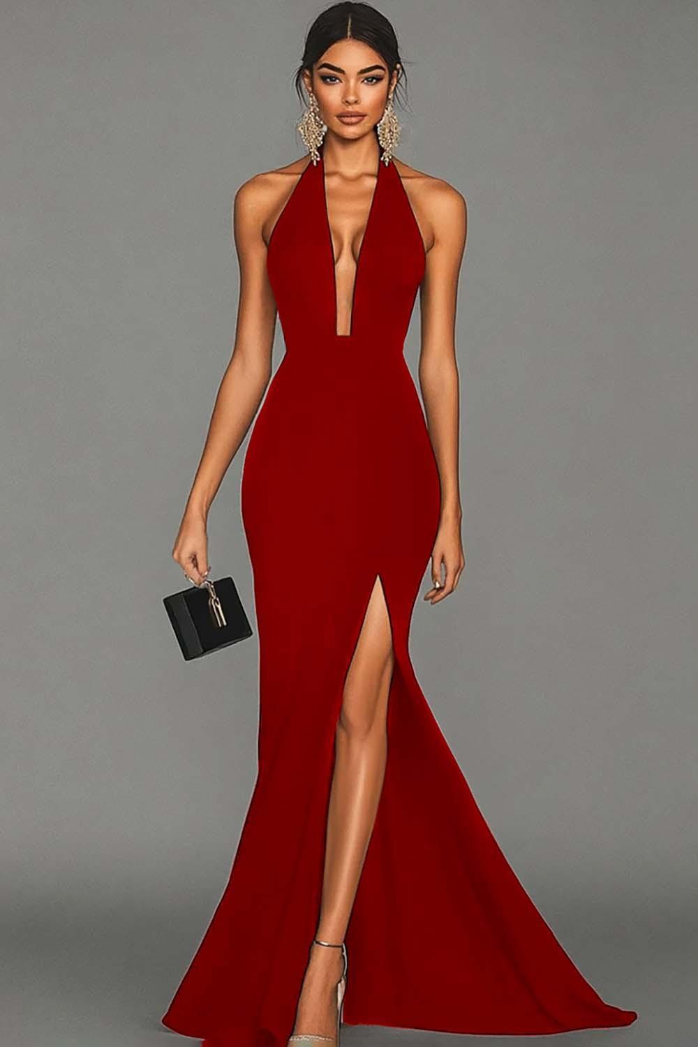 Dressystars Plus Size Black Mermaid Halter Long Prom Dress With Slit