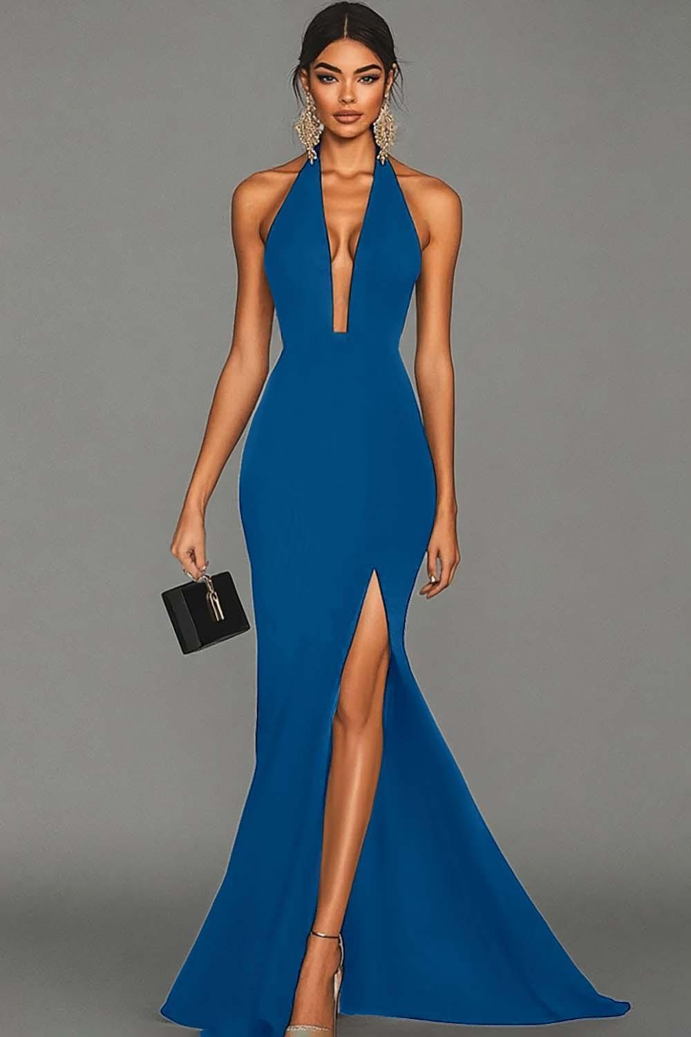 Dressystars Plus Size Black Mermaid Halter Long Prom Dress With Slit