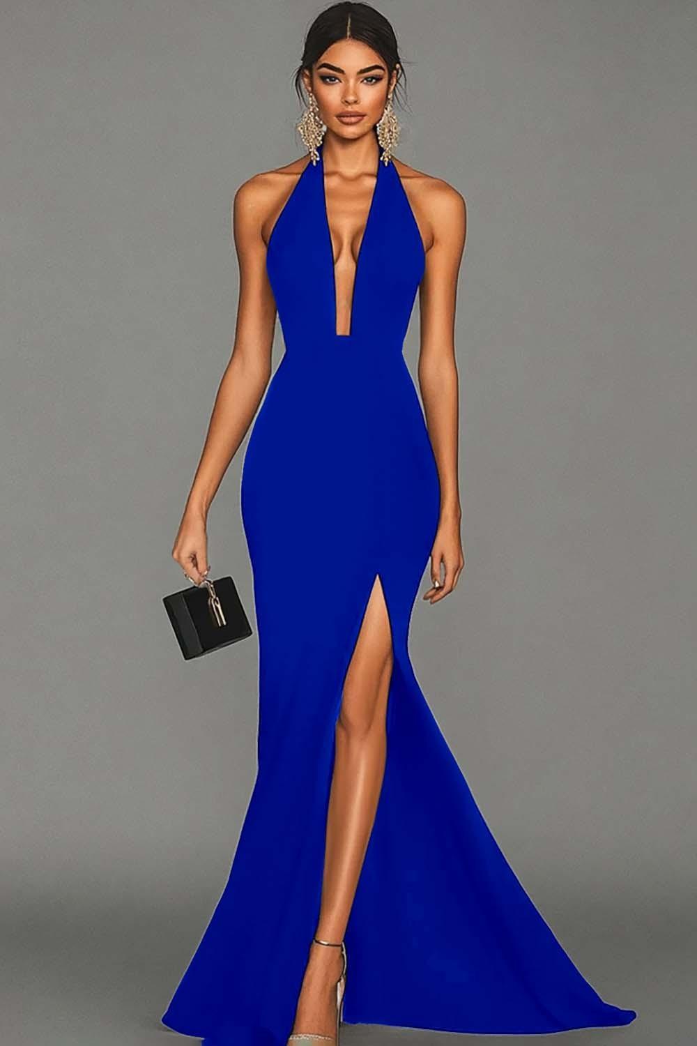 Dressystars Plus Size Black Mermaid Halter Long Prom Dress With Slit