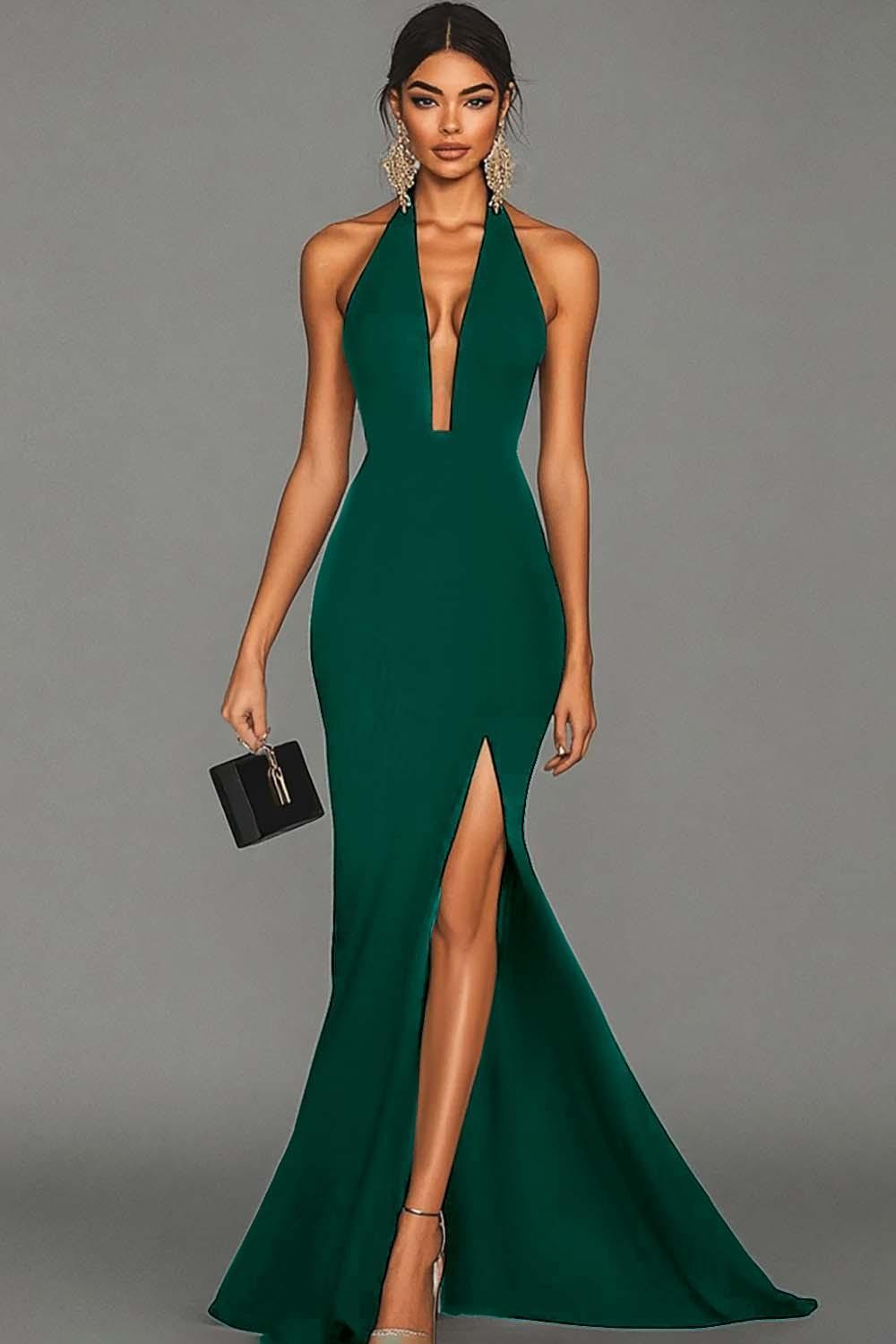 Dressystars Plus Size Black Mermaid Halter Long Prom Dress With Slit