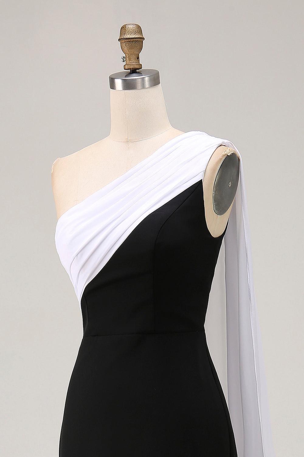 Dressystars Plus Size Black White Sheath One Shoulder Long Satin Prom Dress With Side Cape