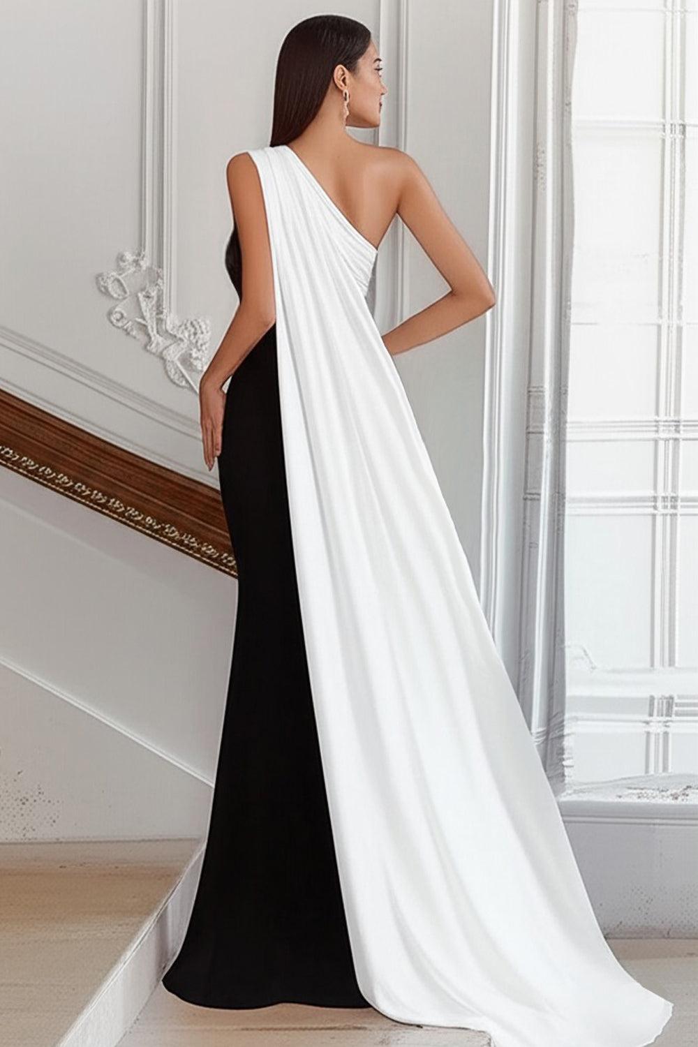 Dressystars Plus Size Black White Sheath One Shoulder Long Satin Prom Dress With Side Cape