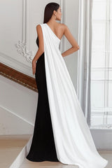 Dressystars Plus Size Black White Sheath One Shoulder Long Satin Prom Dress With Side Cape