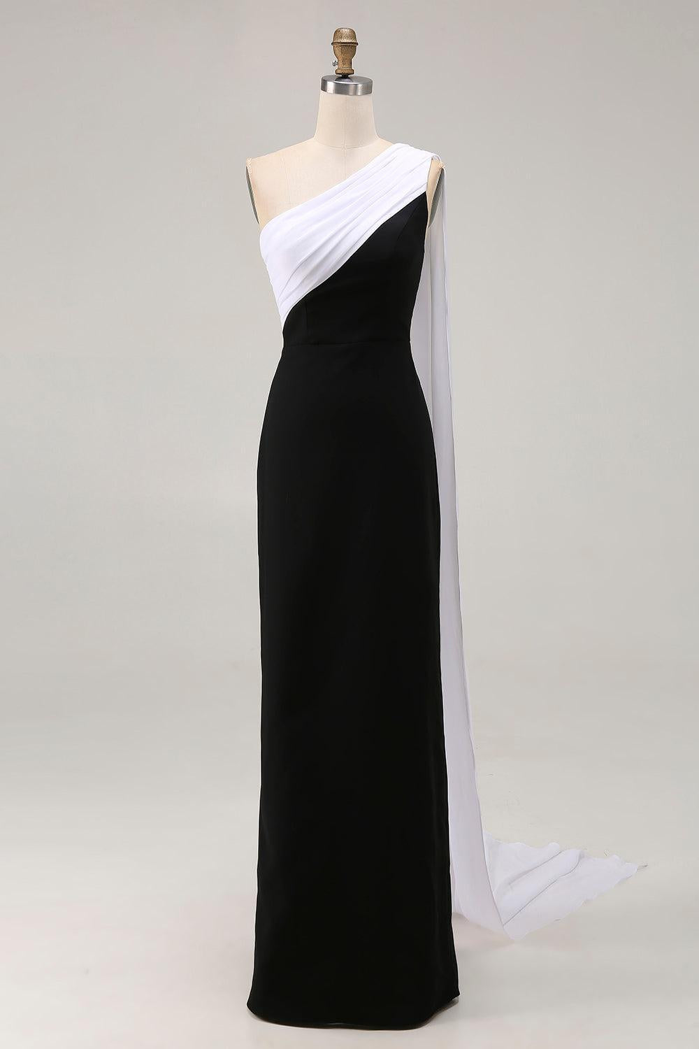 Dressystars Plus Size Black White Sheath One Shoulder Long Satin Prom Dress With Side Cape