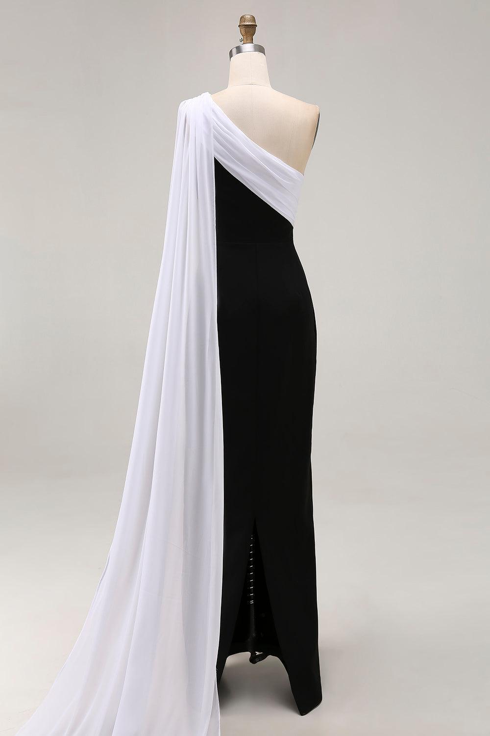 Dressystars Plus Size Black White Sheath One Shoulder Long Satin Prom Dress With Side Cape