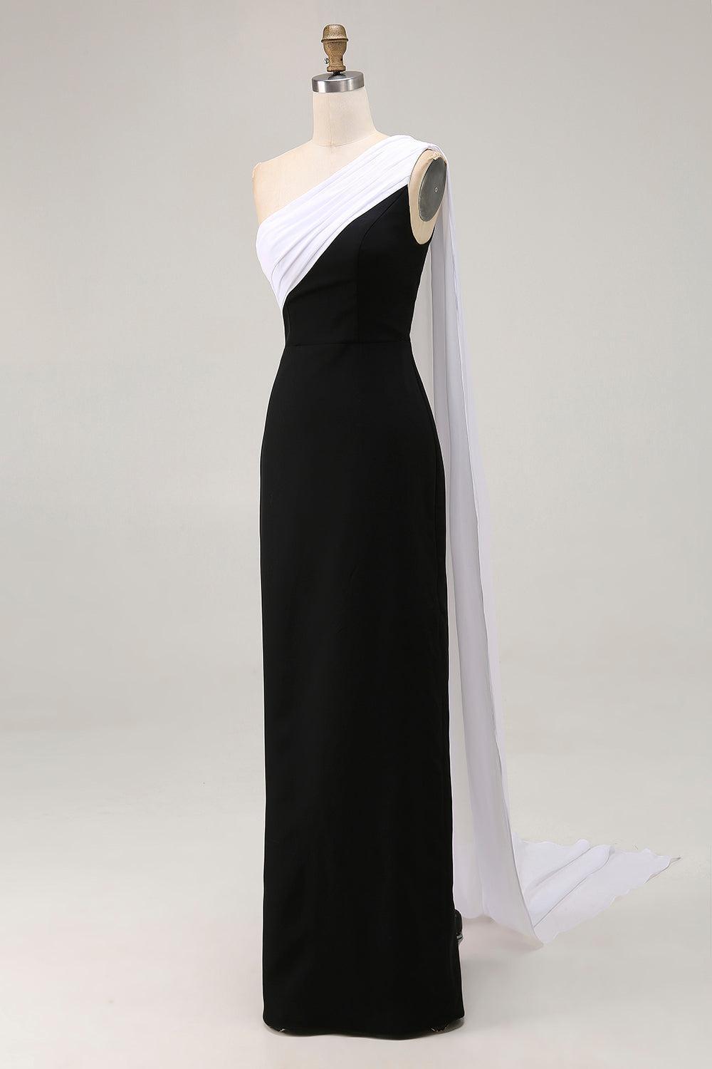 Dressystars Plus Size Black White Sheath One Shoulder Long Satin Prom Dress With Side Cape
