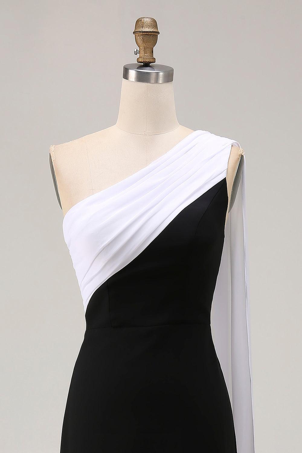 Dressystars Plus Size Black White Sheath One Shoulder Long Satin Prom Dress With Side Cape