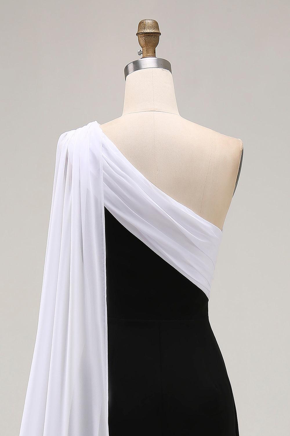 Dressystars Plus Size Black White Sheath One Shoulder Long Satin Prom Dress With Side Cape