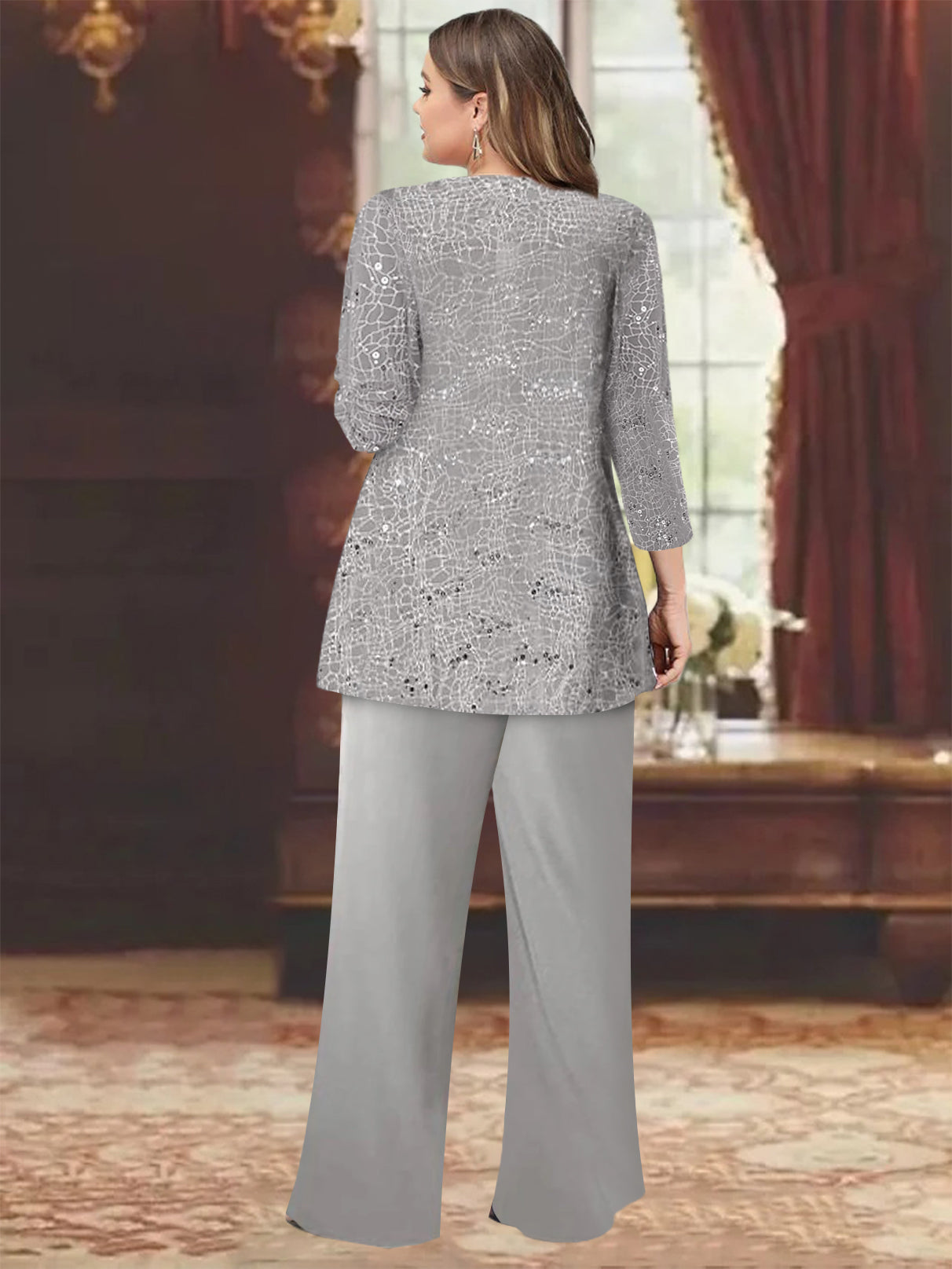 Plus Size Chiffon Mother of the Bride Pantsuit with Sequined Jacket