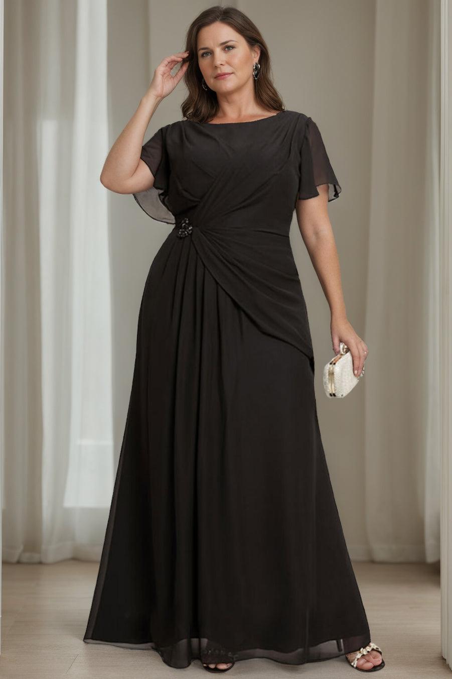 Plus Size Floor-Length A-Line Mother of the Bride Dress with Ruffles Round Neck and Short Sleeves