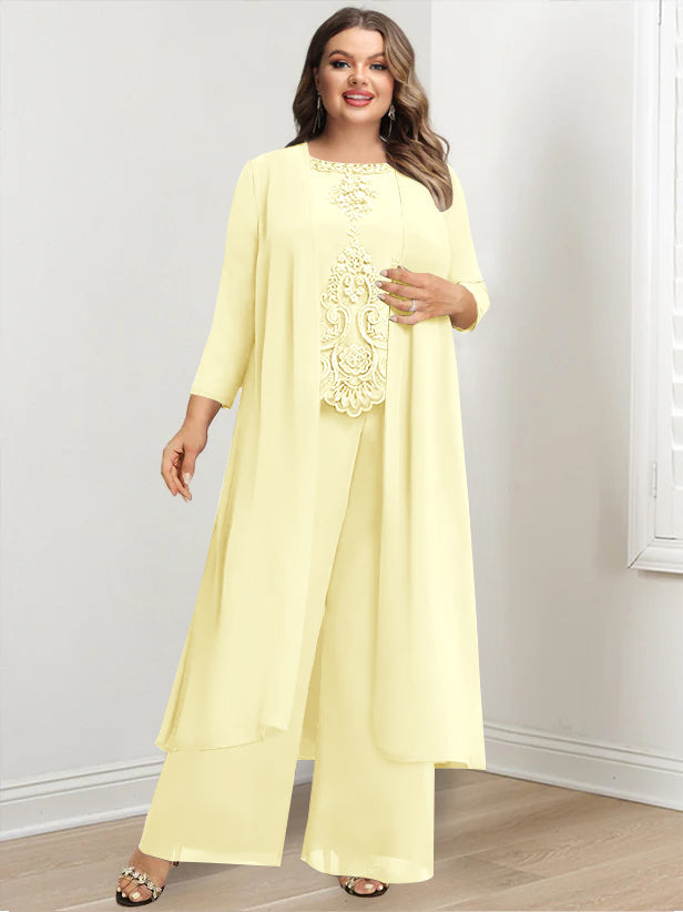 Plus Size Floor-Length Chiffon Pantsuit for the Mother of the Bride with Round Neck and Applique Jacket