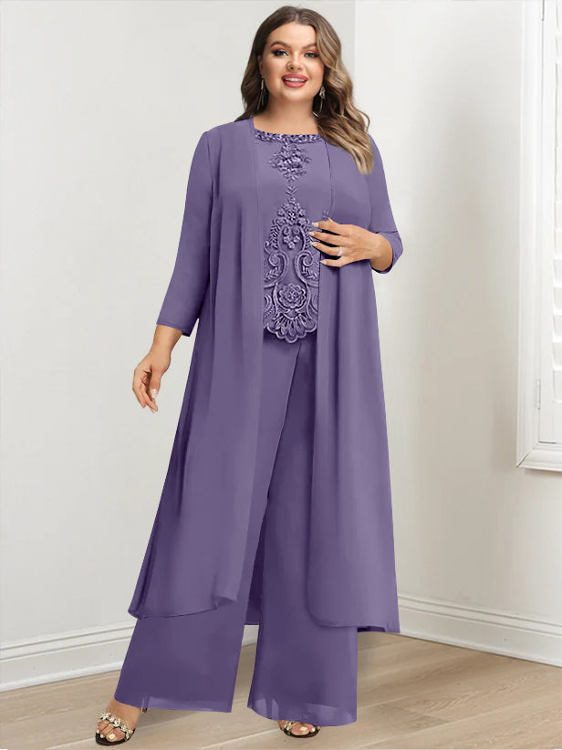 Plus Size Floor-Length Chiffon Pantsuit for the Mother of the Bride with Round Neck and Applique Jacket