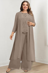Plus Size Floor-Length Chiffon Pantsuit for the Mother of the Bride with Round Neck and Applique Jacket
