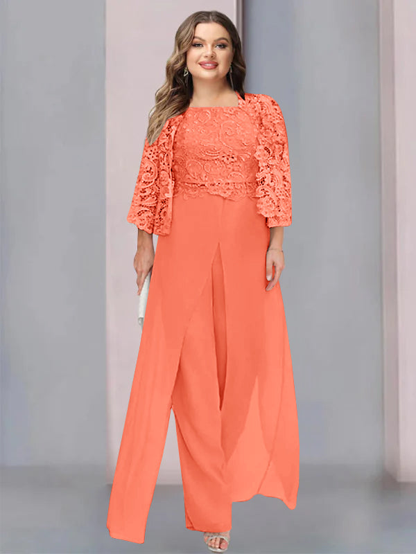 Plus Size Floor-Length Chiffon Pantsuit for the Mother of the Bride with Square Neck and Side Split