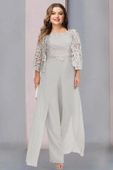 Plus Size Floor-Length Chiffon Pantsuit for the Mother of the Bride with Square Neck and Side Split