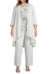 Plus Size Floor-Length Chiffon Pantsuits for the Mother of the Bride with Round Neck and Jacket