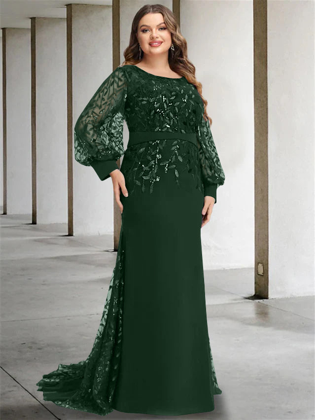 Plus Size Floor-Length Mermaid/Trumpet Mother of the Bride Dress with Scoop Neck and Long Sequined Sleeves