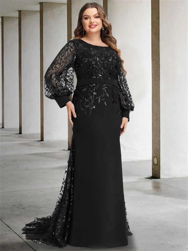 Plus Size Floor-Length Mermaid/Trumpet Mother of the Bride Dress with Scoop Neck and Long Sequined Sleeves