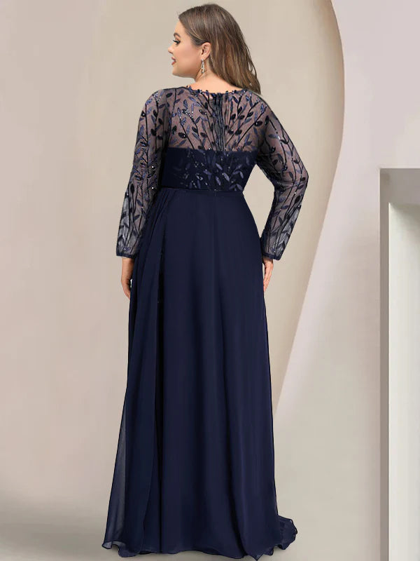 Plus Size Floor-Length Mother of the Bride A-Line Dress with Scoop Neck Long Sleeves Side Split Ruffles & Sequins