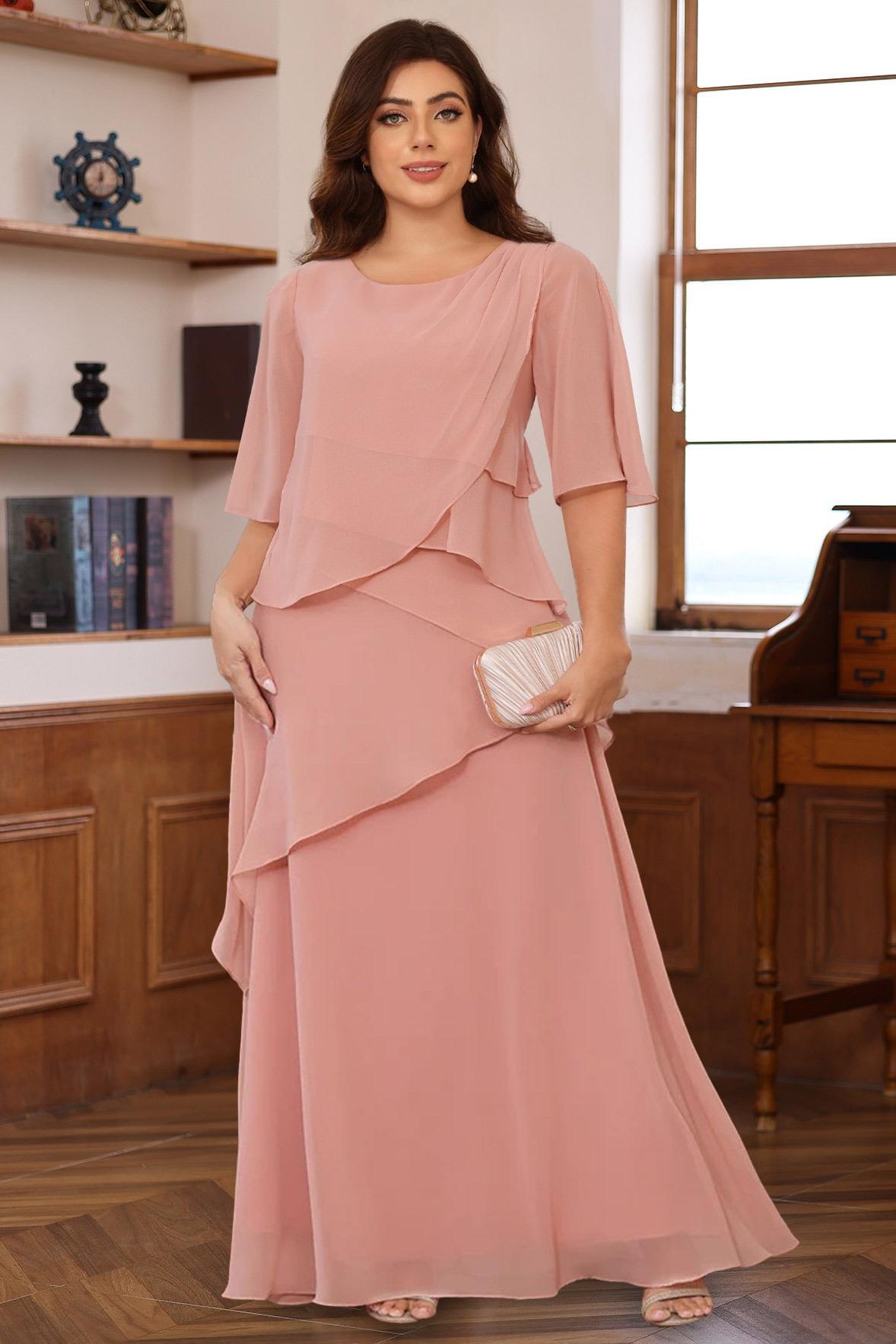 Plus Size Floor-Length Mother of the Bride A-Line Dress with Scoop Neck and Ruffled Half Sleeves