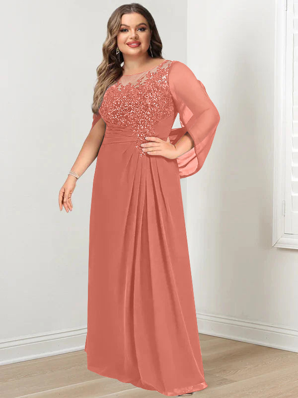 Plus Size Floor-Length Mother of the Bride A-Line Dress with Scoop Neckline Pleats and Sequins