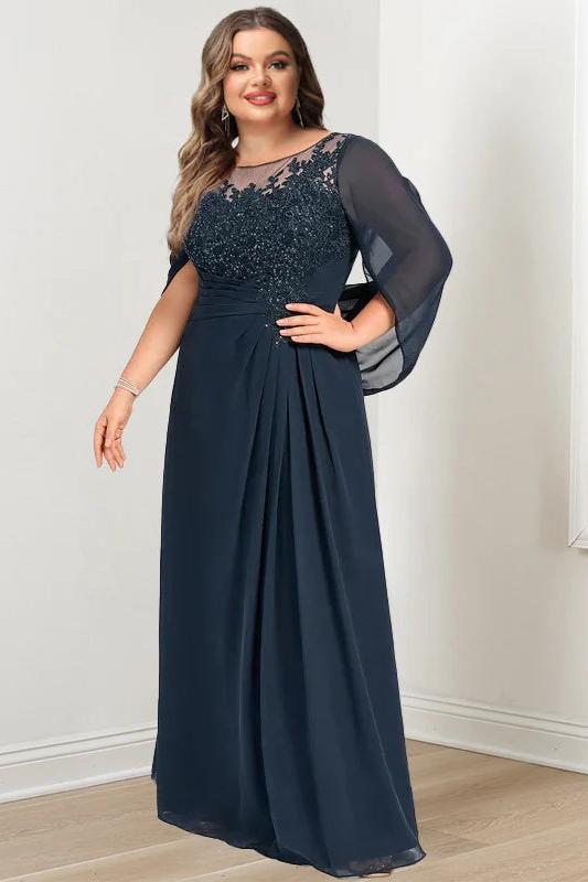 Plus Size Floor-Length Mother of the Bride A-Line Dress with Scoop Neckline Pleats and Sequins