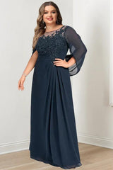 Plus Size Floor-Length Mother of the Bride A-Line Dress with Scoop Neckline Pleats and Sequins
