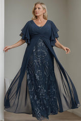 Plus Size Floor-Length Mother of the Bride A-Line Dress with V-Neck and Half Sleeves