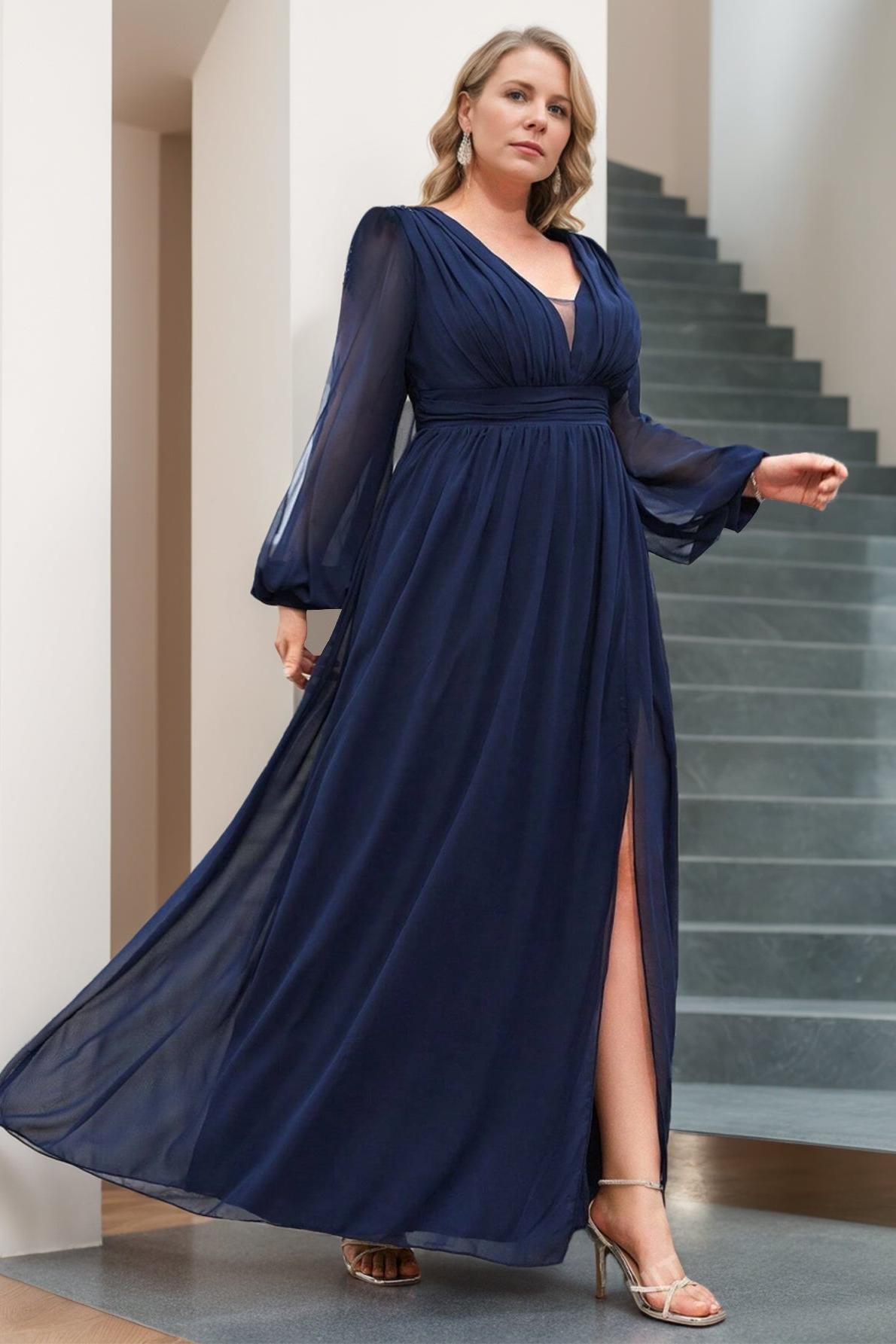 Plus Size Floor-Length Mother of the Bride A-Line Dress with V-Neck and Ruffled Long Sleeves