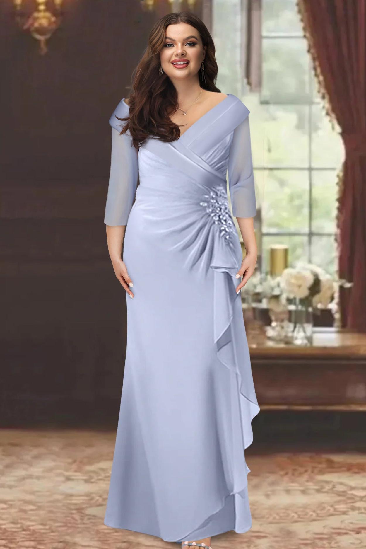 Plus Size Floor-Length V-Neck Sheath Mother of the Bride Dress with Ruffles and Appliques