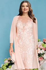 Plus Size Knee-Length Mother of the Bride Dress with Lace Beading Appliques and Long Sleeves
