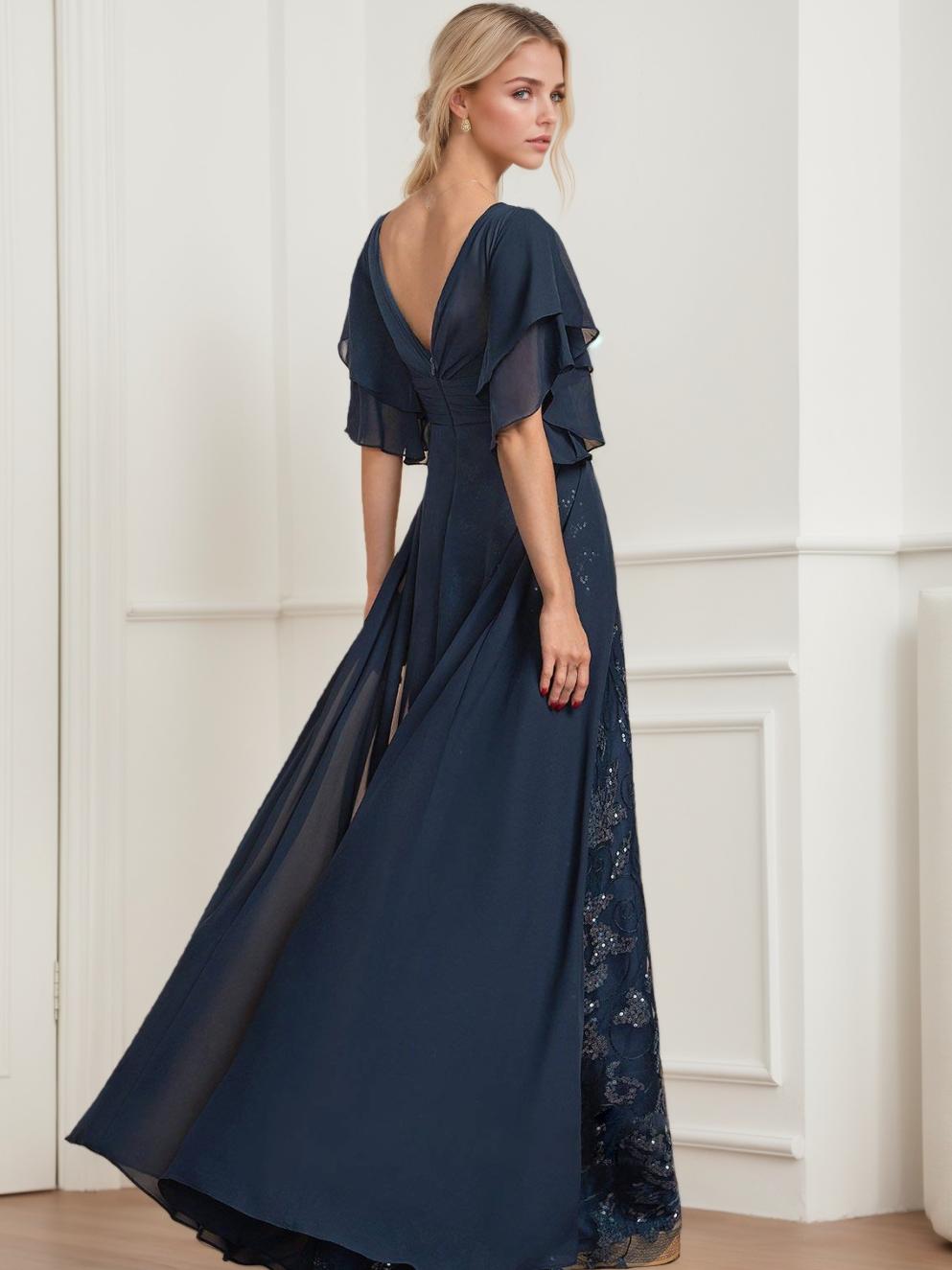 Plus Size Mother of the Bride A-Line Floor-Length Dress with V-Neck and Half Sleeves
