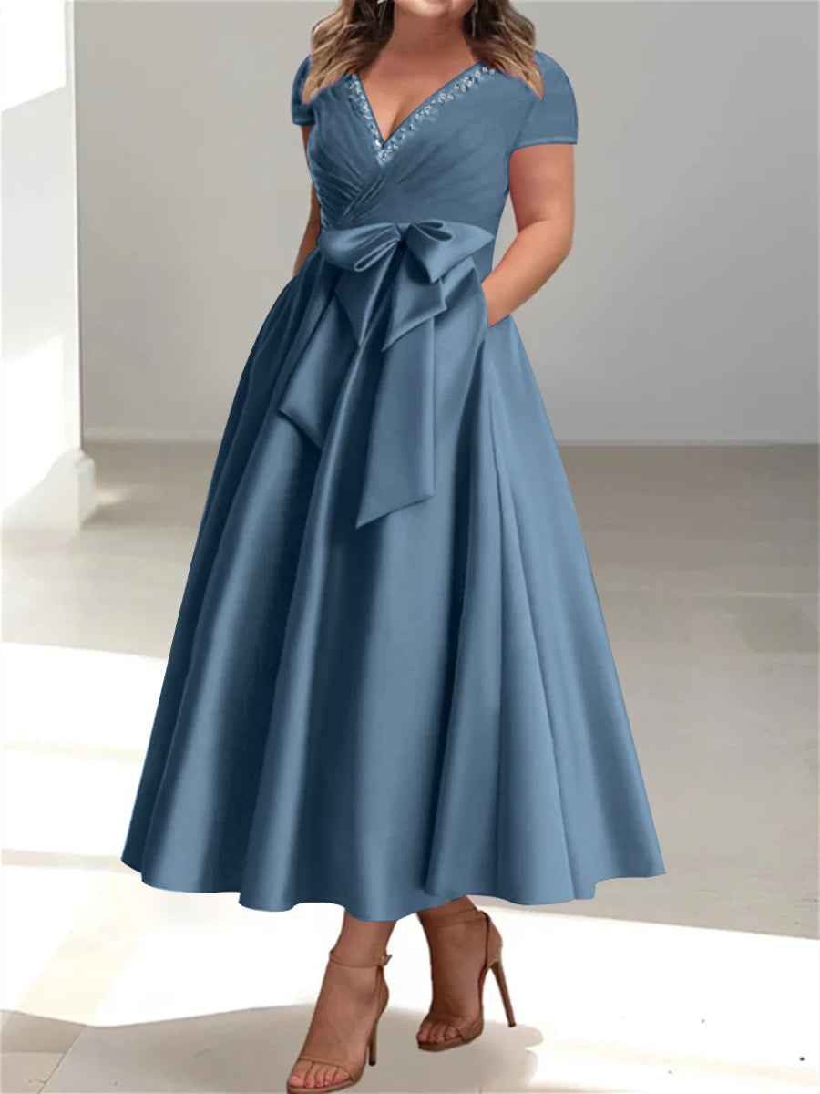 Plus Size Mother of the Bride A-Line Princess V-Neck Dress with Pocket   Dressystars