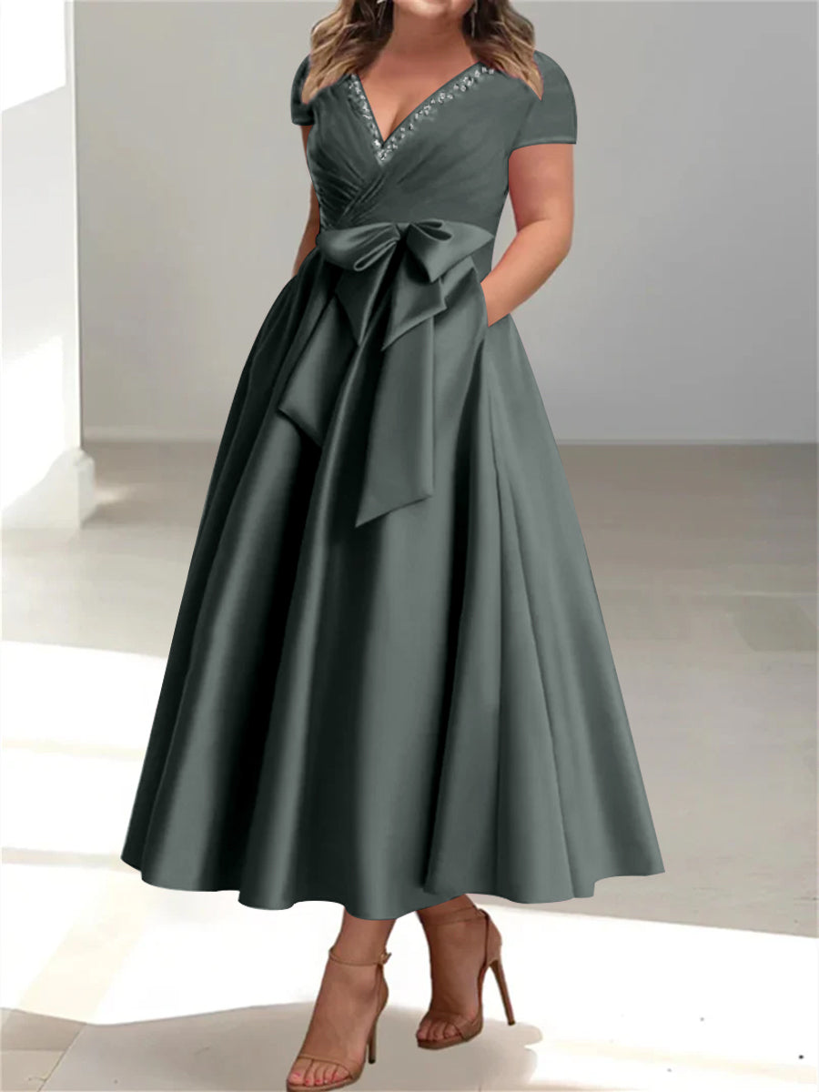 Plus Size Mother of the Bride A-Line Princess V-Neck Dress with Pocket – Dressystars